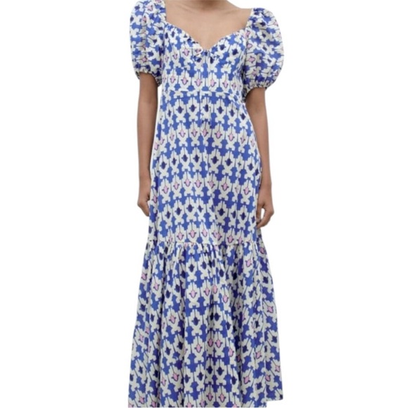 Zara Ikat Maxi Tiered Dress, Ivory Blue Black Pink size Large - Picture 5 of 17